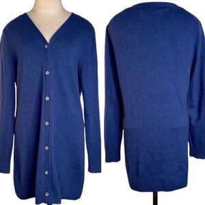 Precious‎ Fibers Womens S 100% Cashmere Navy Blue Longline Button Down Cardigan